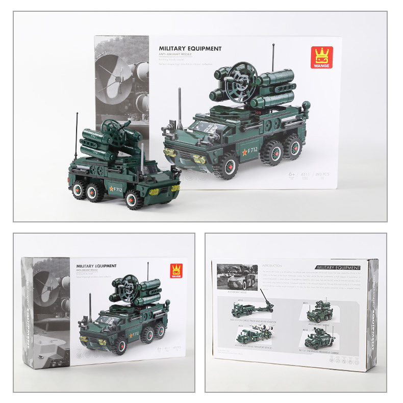 WANGE anti-aircraft missile building blocks set with retail packaging, completed armored vehicle model, and front and back box presentation views