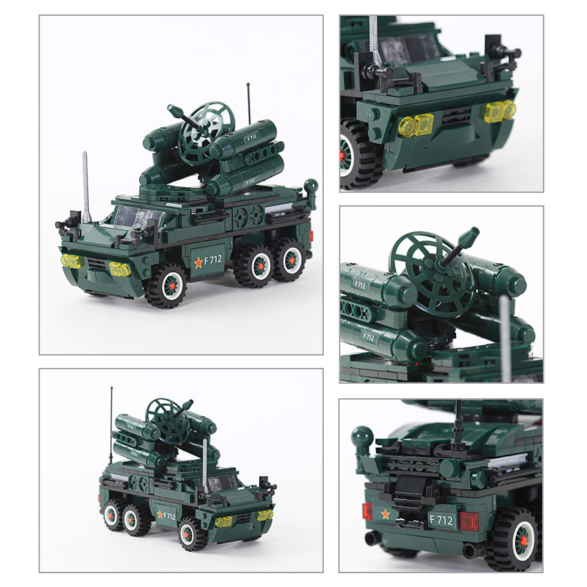 WANGE anti-aircraft missile vehicle building blocks collage showcasing missile launcher details, armored truck design, wheels, lights, and rear structure close-up views