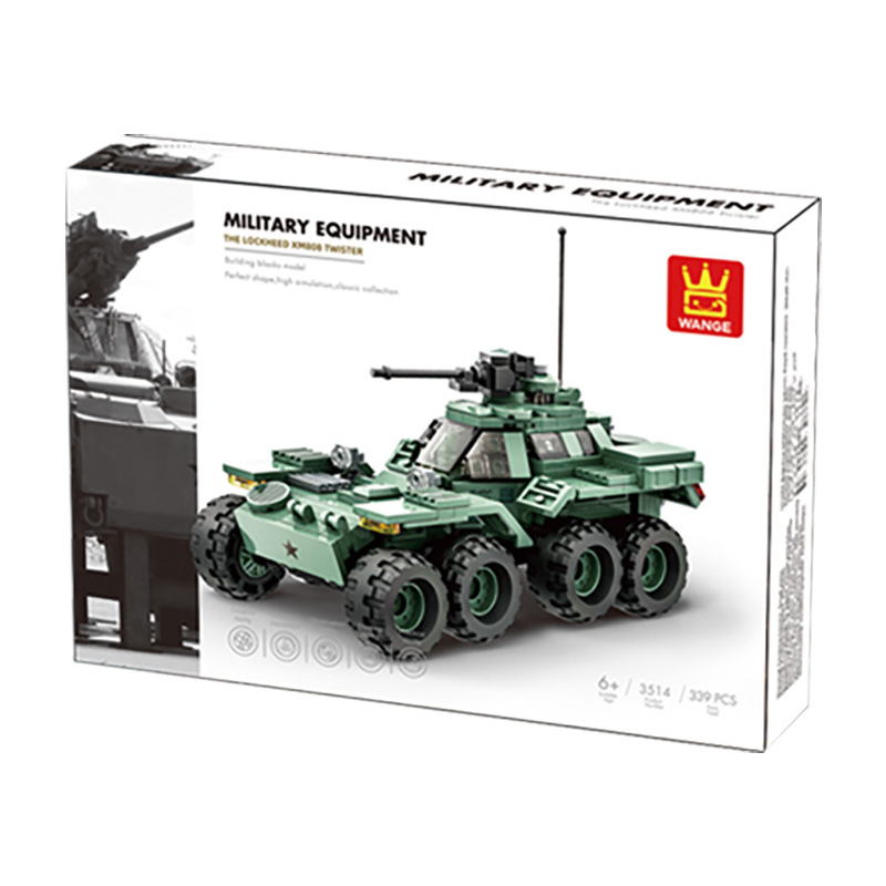 WANGE The Lockheed XM808 Twister building blocks set with detailed military vehicle packaging featuring the completed armored reconnaissance vehicle model design
