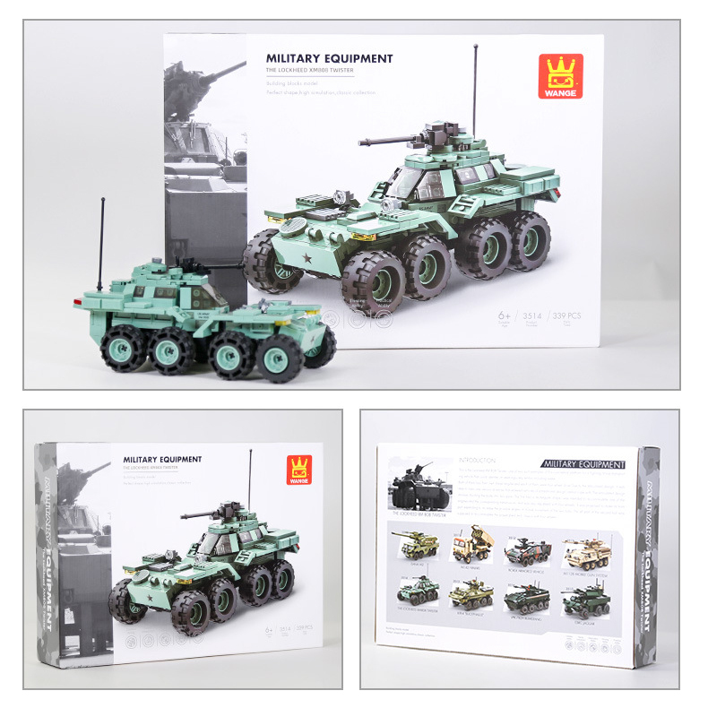 WANGE The Lockheed XM808 Twister building blocks set displayed with front and back packaging views alongside the completed armored reconnaissance vehicle model