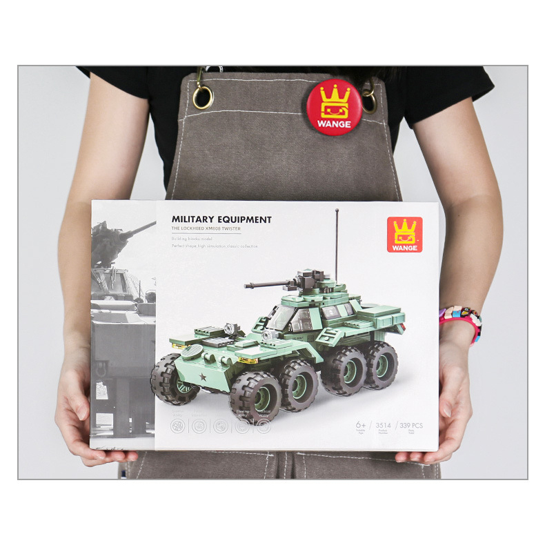 WANGE The Lockheed XM808 Twister building blocks box packaging displayed with detailed armored vehicle artwork and military-themed presentation