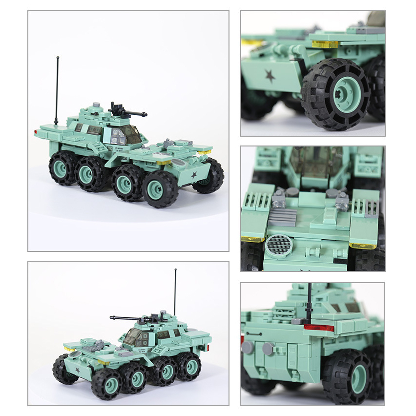 Detailed views of WANGE The Lockheed XM808 Twister building blocks model showcasing armored body panels, rugged wheels, cockpit design, and military vehicle styling