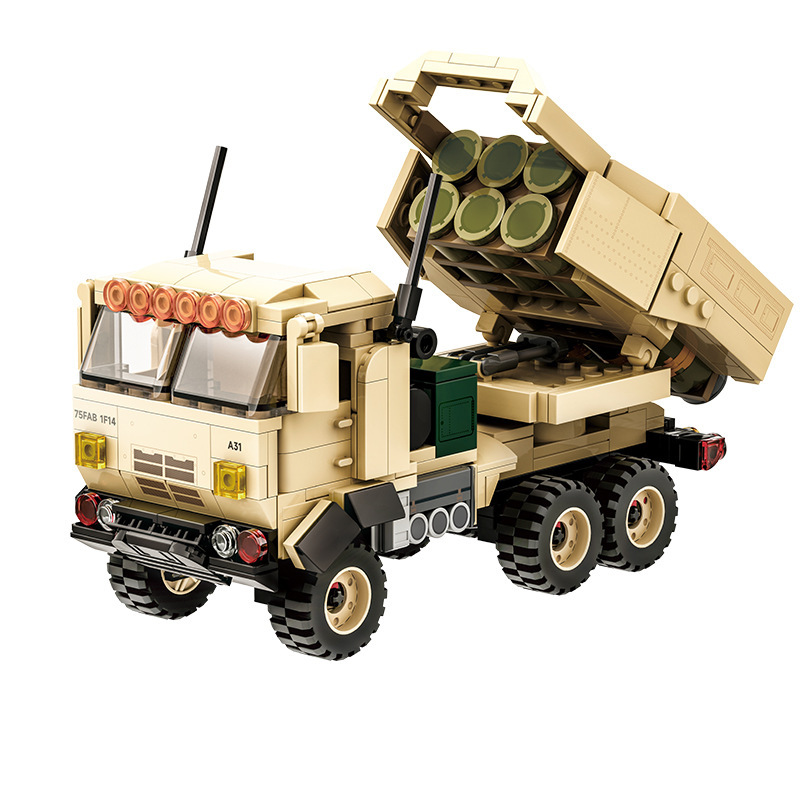 WANGE M142 HIMARS military equipment building blocks model on a clean white background showcasing the detailed rocket launcher truck and brick-built structure