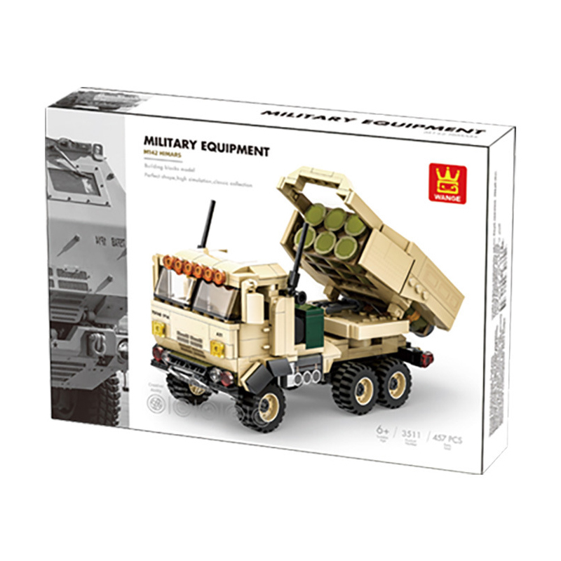 WANGE M142 HIMARS building blocks set packaging featuring the detailed military rocket launcher truck model and 457-piece construction design