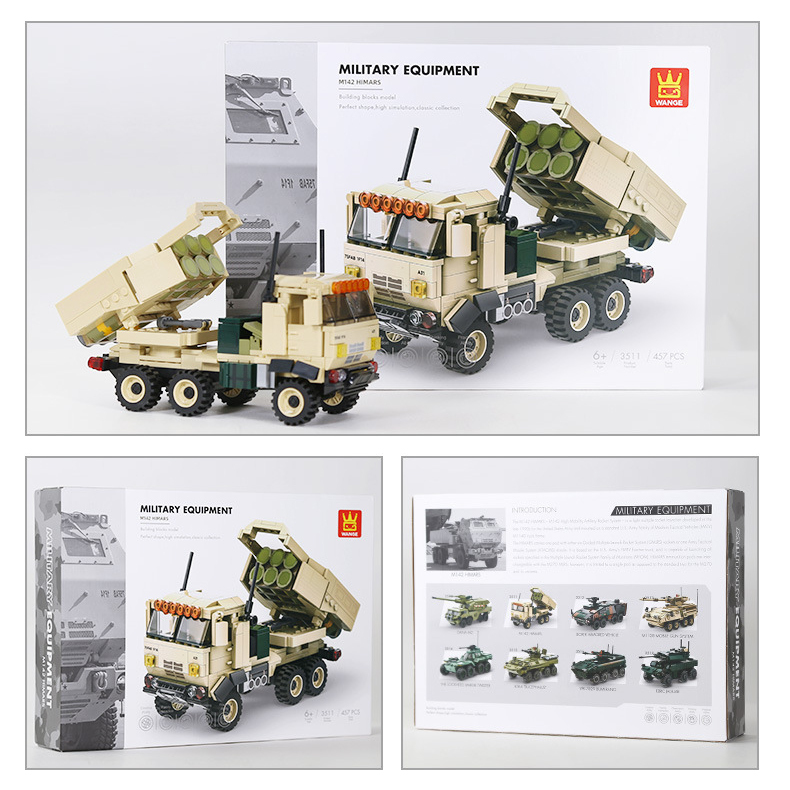 WANGE M142 HIMARS building blocks set with product packaging and completed military vehicle model displayed for collection and display purposes
