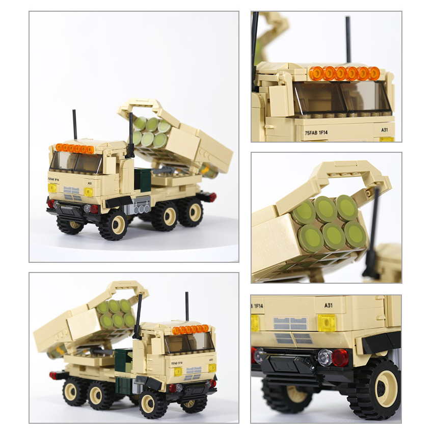 Collage view of WANGE M142 HIMARS rocket launcher building blocks highlighting detailed launcher tubes, front cab, rugged wheels, and military truck design