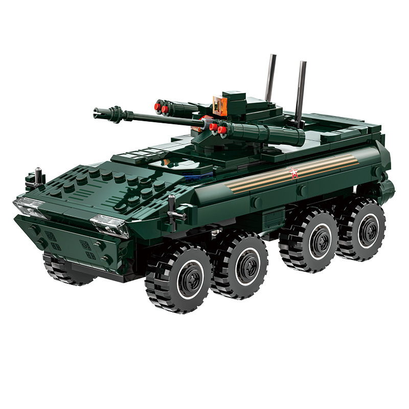 WANGE VPK-7829 Bumerang military vehicle building blocks model on a clean white background, featuring rotating turret details, armored styling, and multi-wheel chassis construction