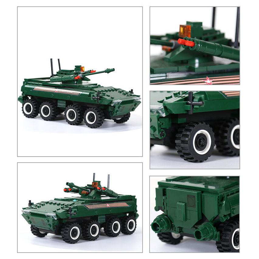 Collage view of the WANGE VPK-7829 Bumerang building blocks model highlighting turret details, armored body panels, multi-wheel suspension, and military vehicle styling