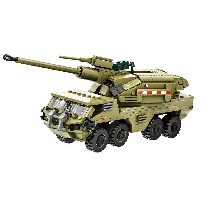 WANGE Dana M2 self-propelled howitzer building blocks model on white background featuring a long artillery barrel, detailed armored structure, and realistic military vehicle styling