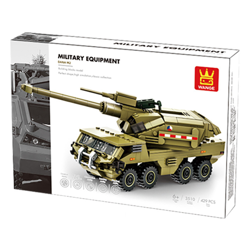 WANGE Dana M2 self-propelled howitzer building blocks set packaging featuring detailed military artillery vehicle artwork and 429-piece model presentation