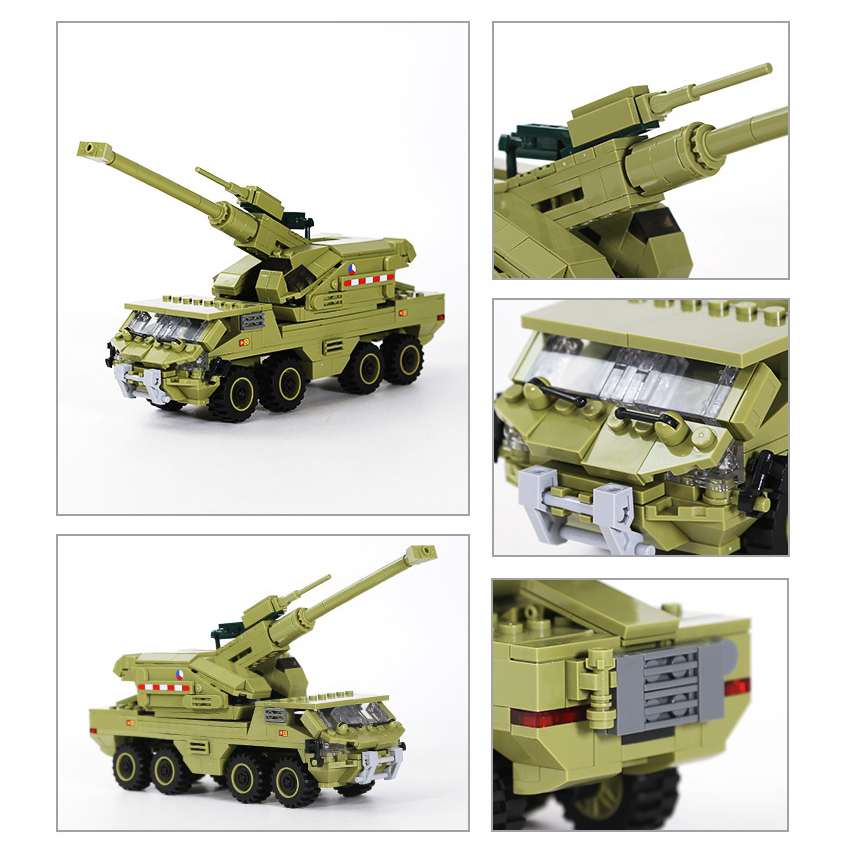 WANGE Dana M2 self-propelled howitzer building blocks collage highlighting detailed artillery cannon, armored cockpit, rear section, and realistic eight-wheel military vehicle design