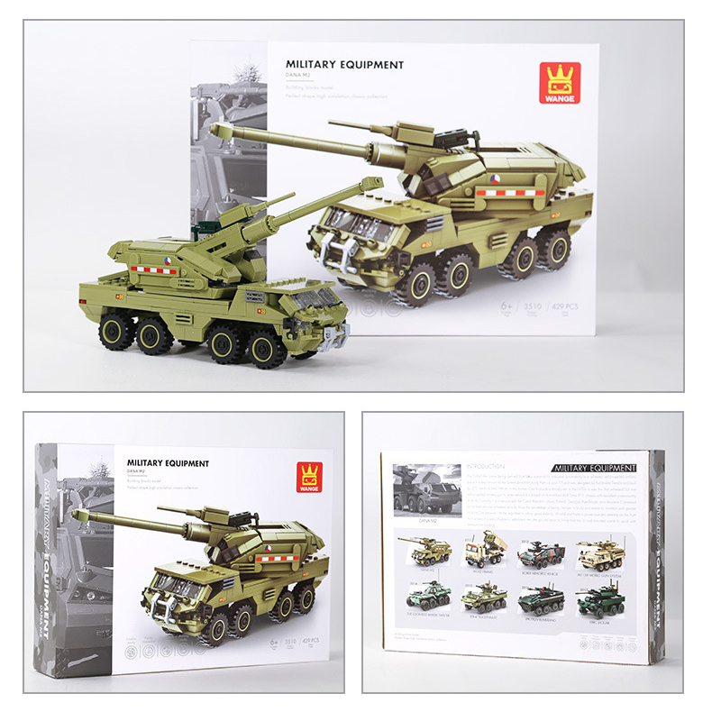 WANGE Dana M2 self-propelled howitzer building blocks model displayed with product packaging, featuring detailed military vehicle artwork and collectible model presentation