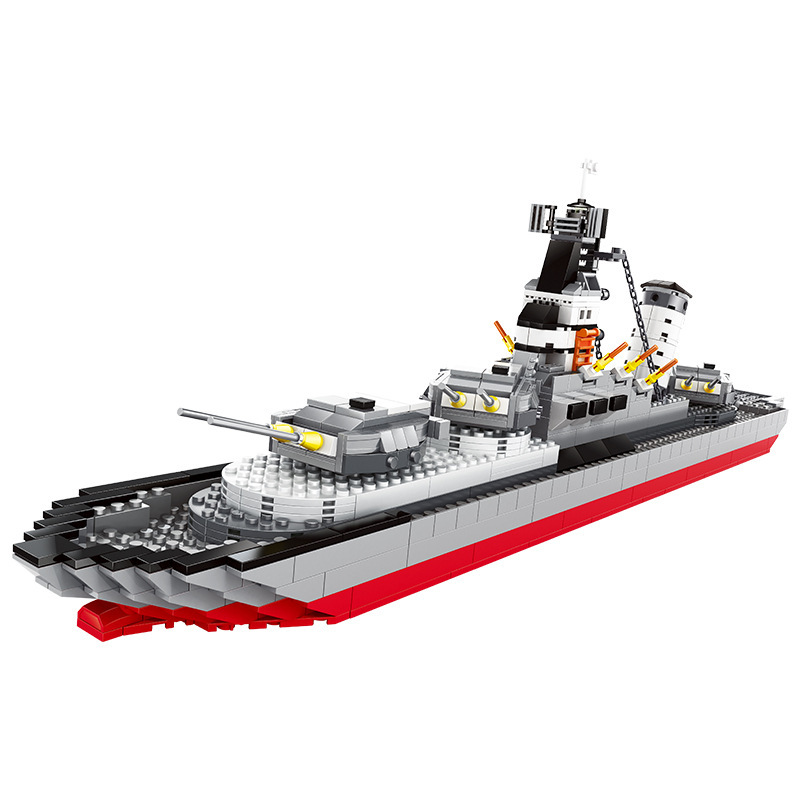 WANGE Battleship building blocks model on white background featuring detailed deck structure, naval gun turret, radar equipment, and realistic military ship styling