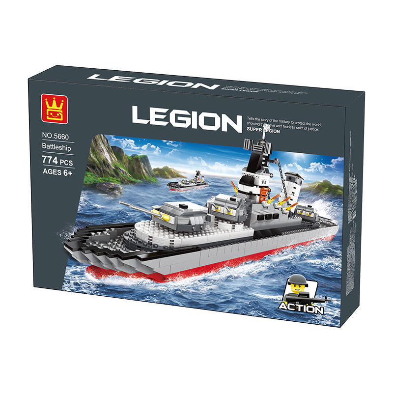 WANGE Battleship building blocks packaging box featuring detailed naval warship artwork, military-themed presentation, and 774-piece model information
