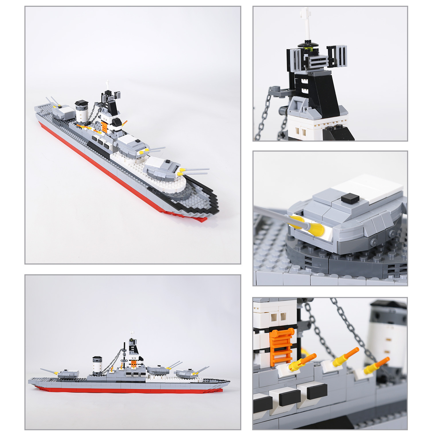 WANGE Battleship building blocks model with detailed naval warship features, including radar tower, gun turrets, deck structure, and close-up views of military ship details