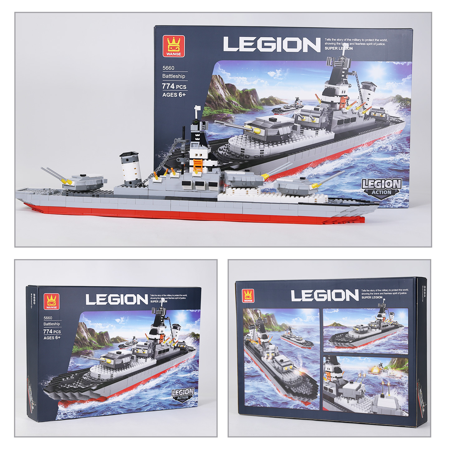 WANGE Battleship building blocks set displayed with packaging box, featuring detailed naval warship design, long ship structure, and military-themed presentation