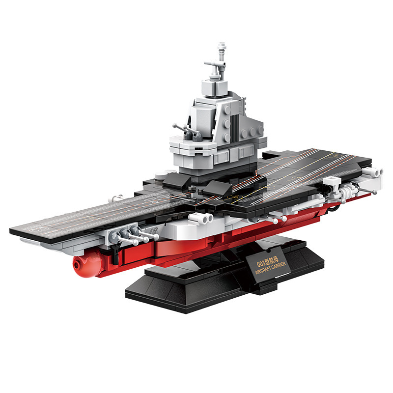 WANGE aircraft carrier building blocks model on display stand featuring detailed runway markings, command tower, and compact naval carrier design