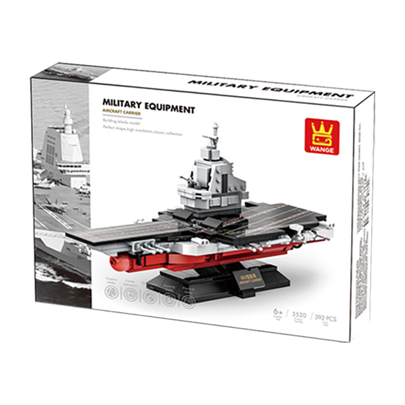 WANGE aircraft carrier building blocks set retail packaging featuring detailed naval carrier model artwork and military equipment series design
