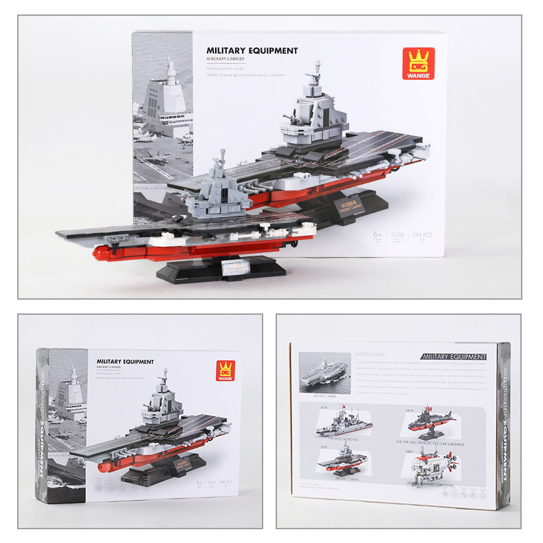WANGE aircraft carrier building blocks model with retail packaging, featuring collectible naval display design and military equipment series presentation