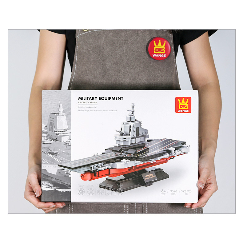 WANGE aircraft carrier building blocks model packaging box showing completed naval carrier design and collectible display presentation