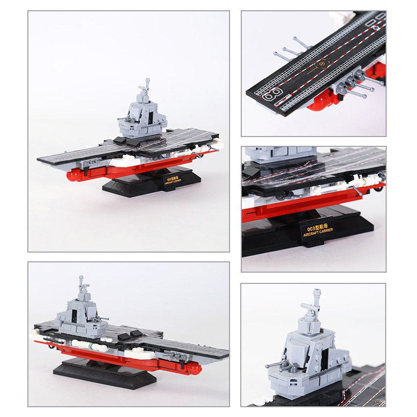 Collage of WANGE aircraft carrier building blocks model showcasing flight deck details, command tower, display stand, and naval carrier structure close-up views