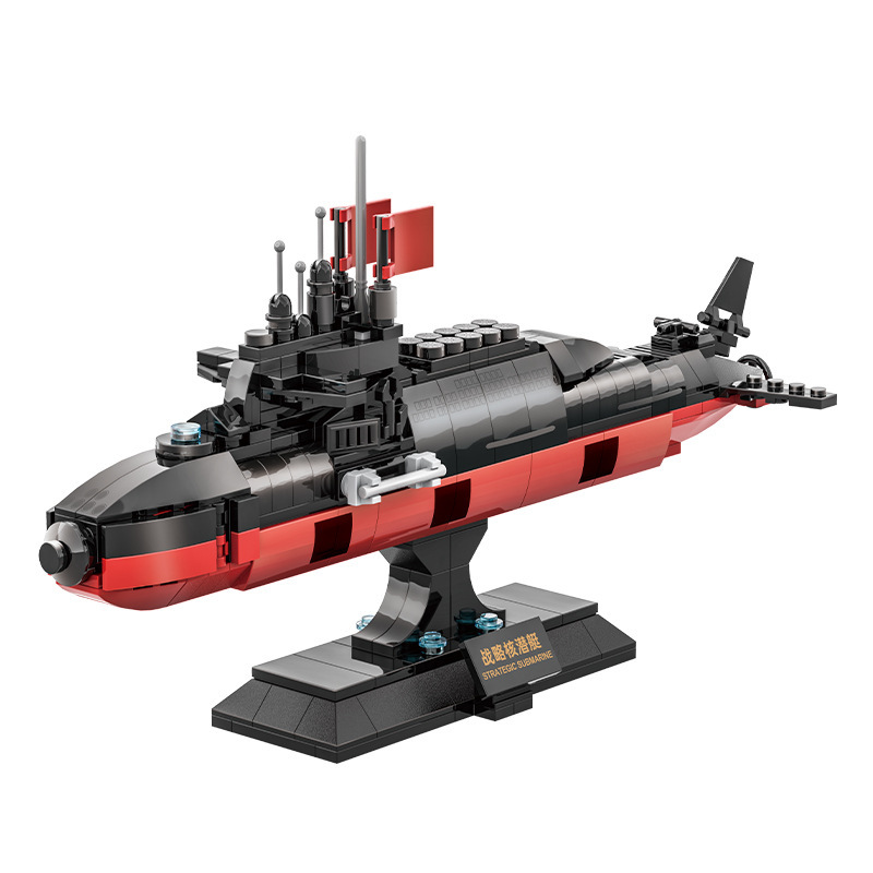 WANGE Type 094 strategic nuclear submarine building blocks display model with stand, featuring detailed naval structure and military-inspired submarine styling