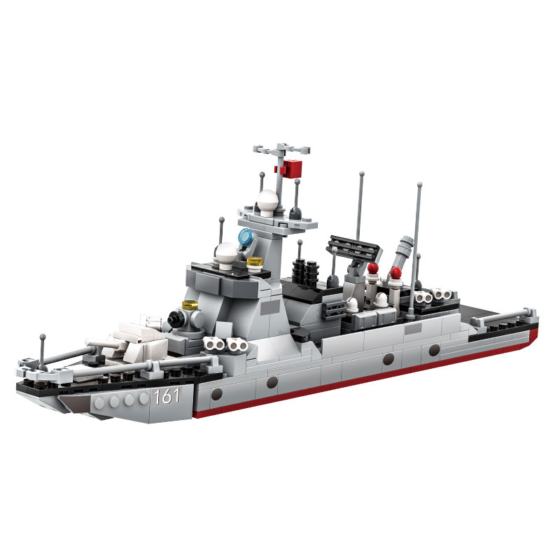 WANGE Type 052D destroyer building blocks model displayed on a plain background, featuring detailed deck structures, antennas, radar equipment, and realistic military ship styling