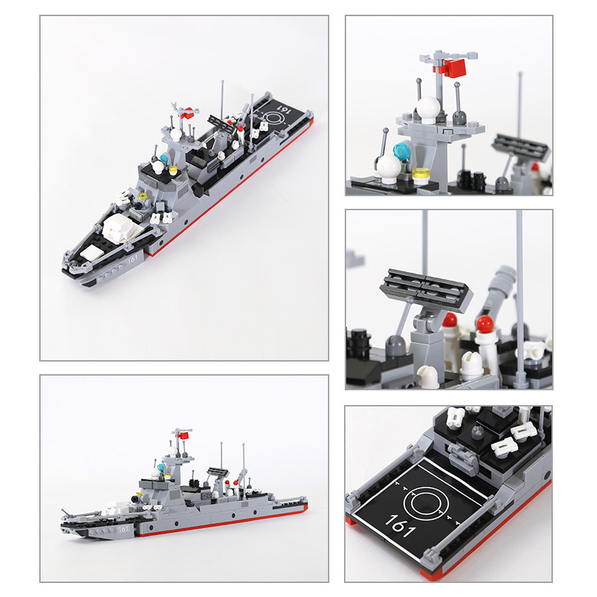 WANGE Type 052D guided missile destroyer building blocks collage showing detailed radar systems, missile launch components, deck layout, and helicopter landing platform