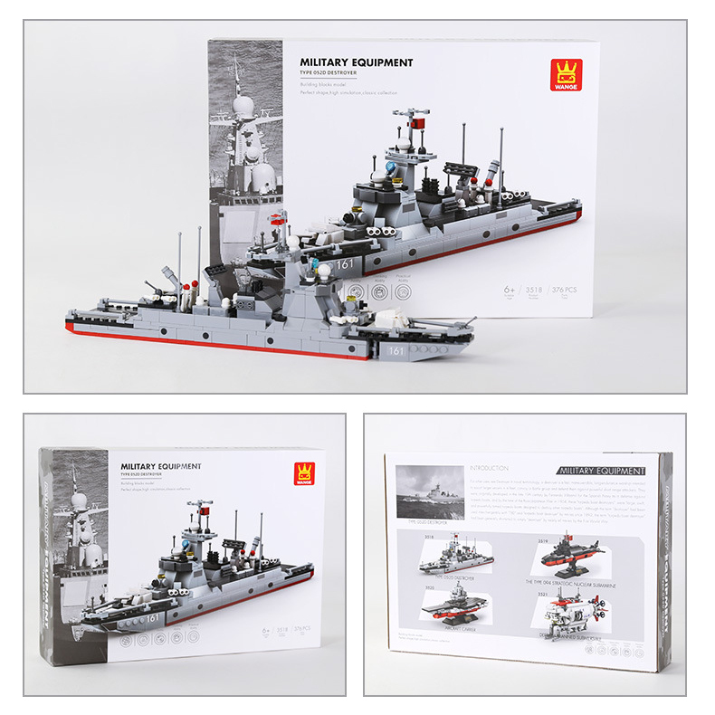 WANGE Type 052D destroyer building blocks model with retail packaging, featuring military equipment themed box design and detailed modern naval warship construction