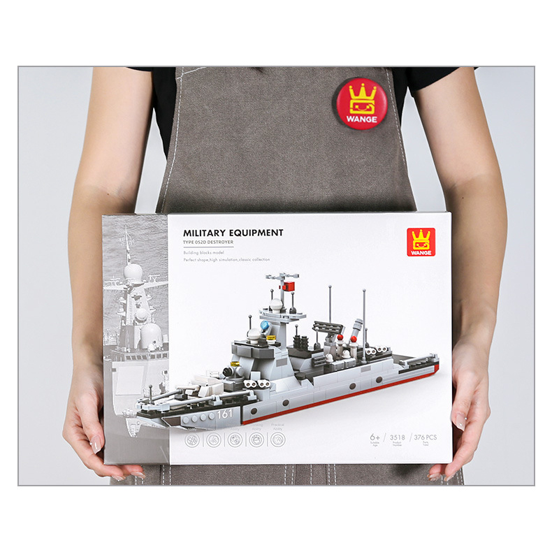 WANGE Type 052D destroyer building blocks packaging box showcasing the completed guided missile destroyer model and product presentation design