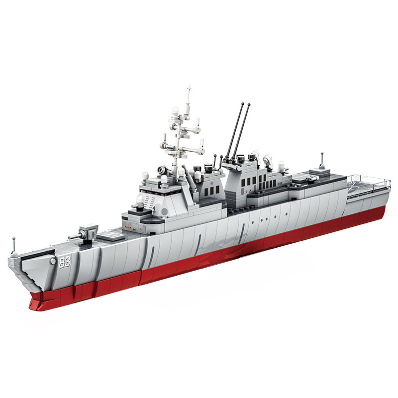 WANGE Arleigh Burke-Class Destroyer military ship building blocks model on a clean background showcasing the long hull, deck details, and brick-built naval structure