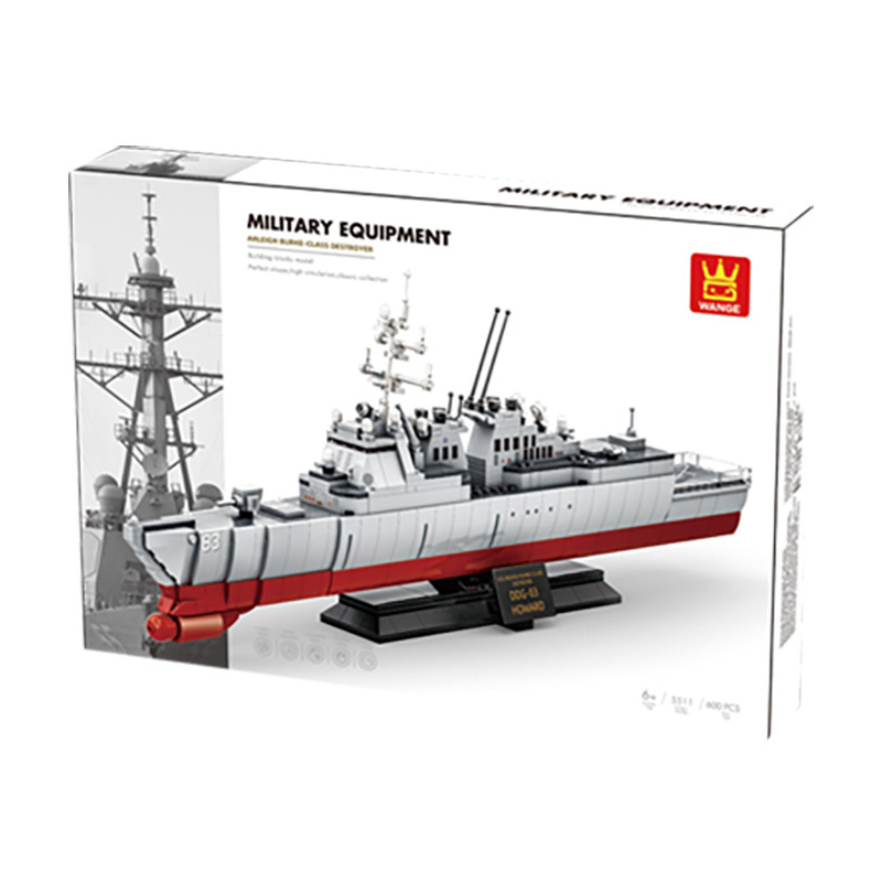 WANGE Arleigh Burke-Class Destroyer building blocks set with retail packaging, featuring detailed naval warship artwork and display stand presentation