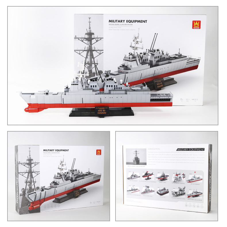 WANGE Arleigh Burke-Class Destroyer building blocks set displayed with retail packaging, featuring assembled naval ship model, presentation stand, and illustrated box design