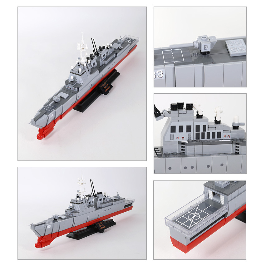 Detailed views of the WANGE Arleigh Burke-Class Destroyer building blocks model, highlighting radar systems, deck cannon, bridge structure, and helicopter landing pad details