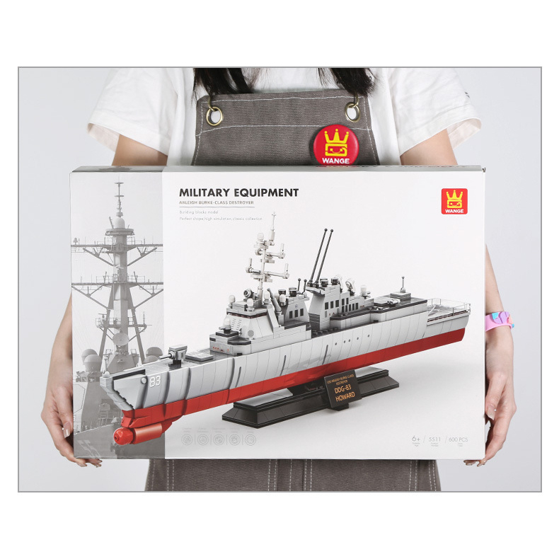 WANGE Arleigh Burke-Class Destroyer building blocks box showcasing the completed naval ship model and premium military equipment packaging design