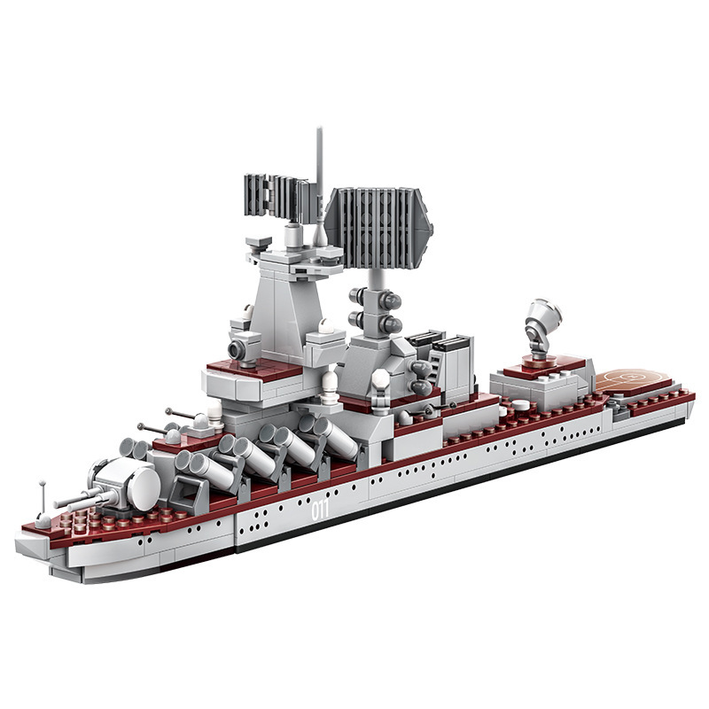 WANGE Varyag Aircraft Carrier building blocks model on a clean background, showcasing detailed naval weapon systems, radar equipment, command tower design, and compact military ship construction
