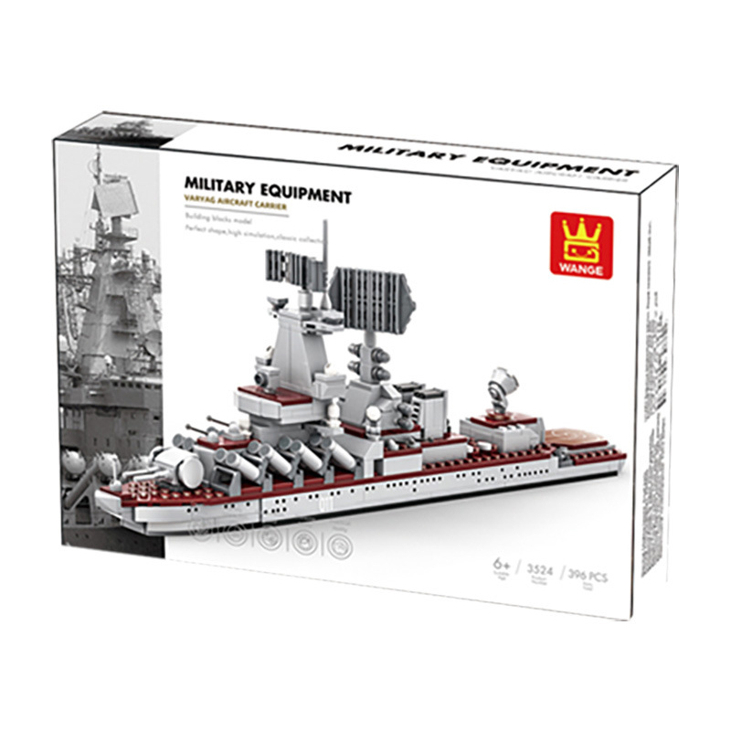 WANGE Varyag Aircraft Carrier building blocks retail packaging featuring detailed naval warship artwork, military equipment theme design, and 396-piece construction model presentation