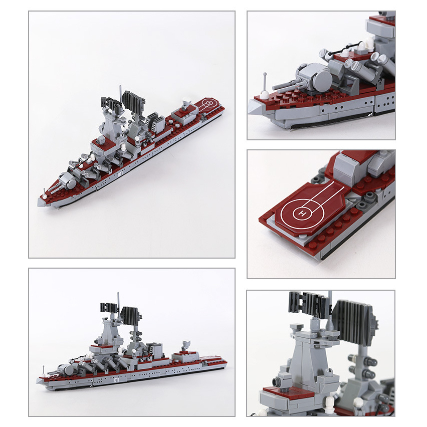 WANGE Varyag Aircraft Carrier building blocks detail collage showcasing radar arrays, naval gun turrets, missile launch systems, helicopter landing pad, and compact warship construction features