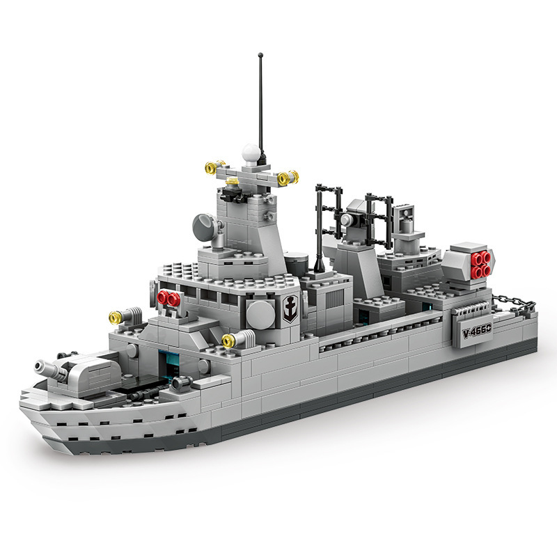 WANGE Type 45 Destroyer building blocks model on white background with detailed cannon turret, radar mast, missile pods, and realistic grey naval ship construction design