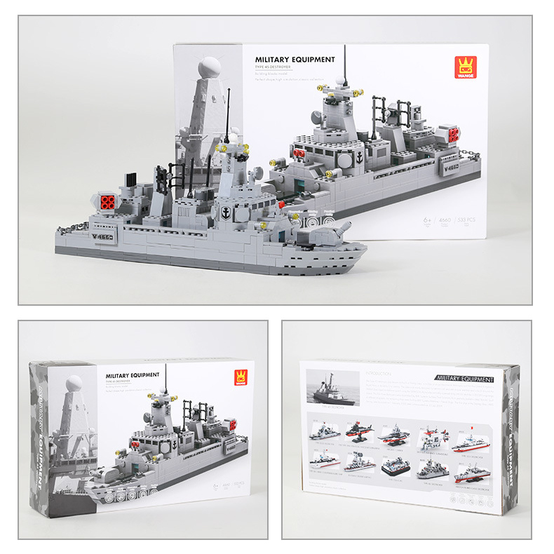 WANGE Type 45 Destroyer building blocks model displayed with retail packaging, featuring assembled naval destroyer design, military equipment series box art, and collectible construction set presentation