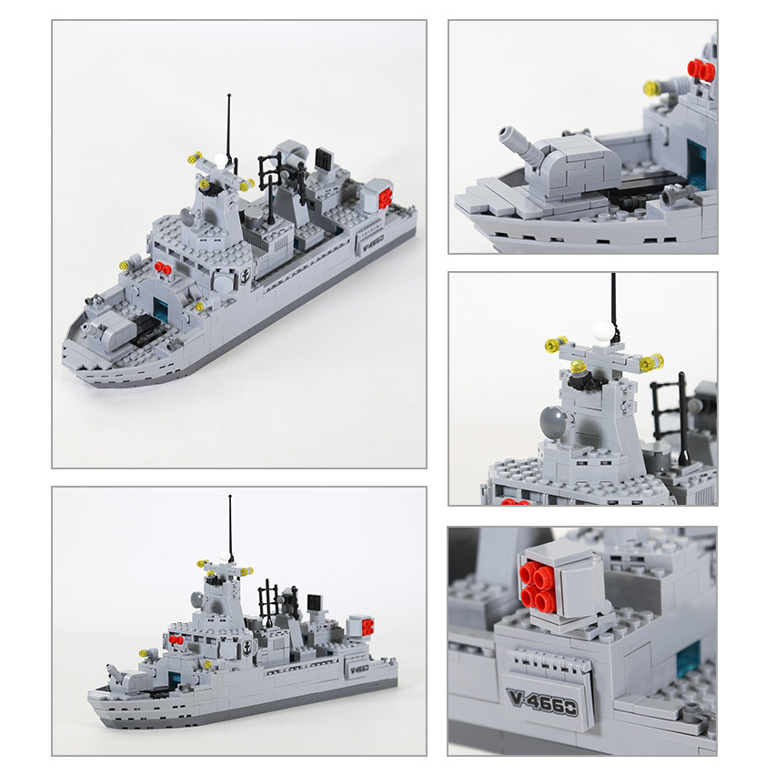 WANGE Type 45 Destroyer building blocks collage showcasing multiple ship angles, detailed cannon turret, radar mast, missile launcher system, and close-up views of modern naval warship features