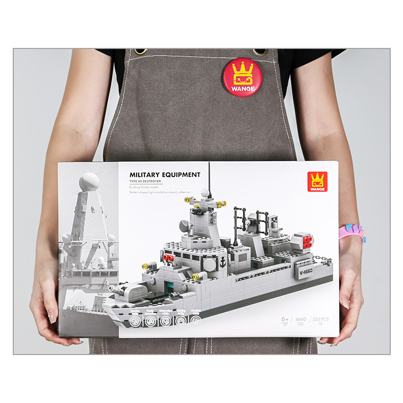 WANGE Type 45 Destroyer building blocks box packaging displayed with large-format artwork, showcasing modern naval destroyer design and collectible military model presentation
