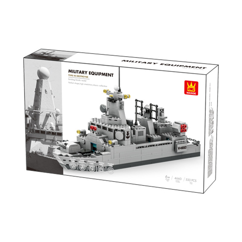 WANGE Type 45 Destroyer building blocks retail packaging featuring detailed naval warship model artwork, military equipment series branding, and 533-piece construction set presentation