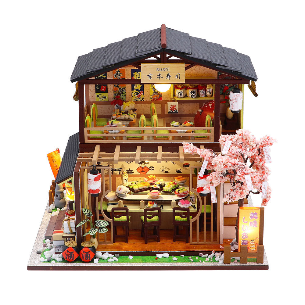 Front view of Hongda Gibbon Sushi Shop DIY miniature house featuring detailed sushi dining interior and cherry blossom decor