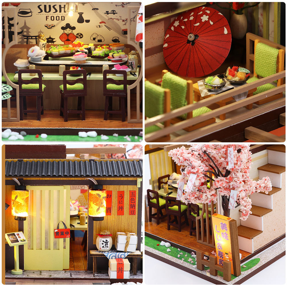 Close-up details of Hongda Gibbon Sushi Shop DIY miniature house featuring sushi dining area, lanterns, and cherry blossom decor