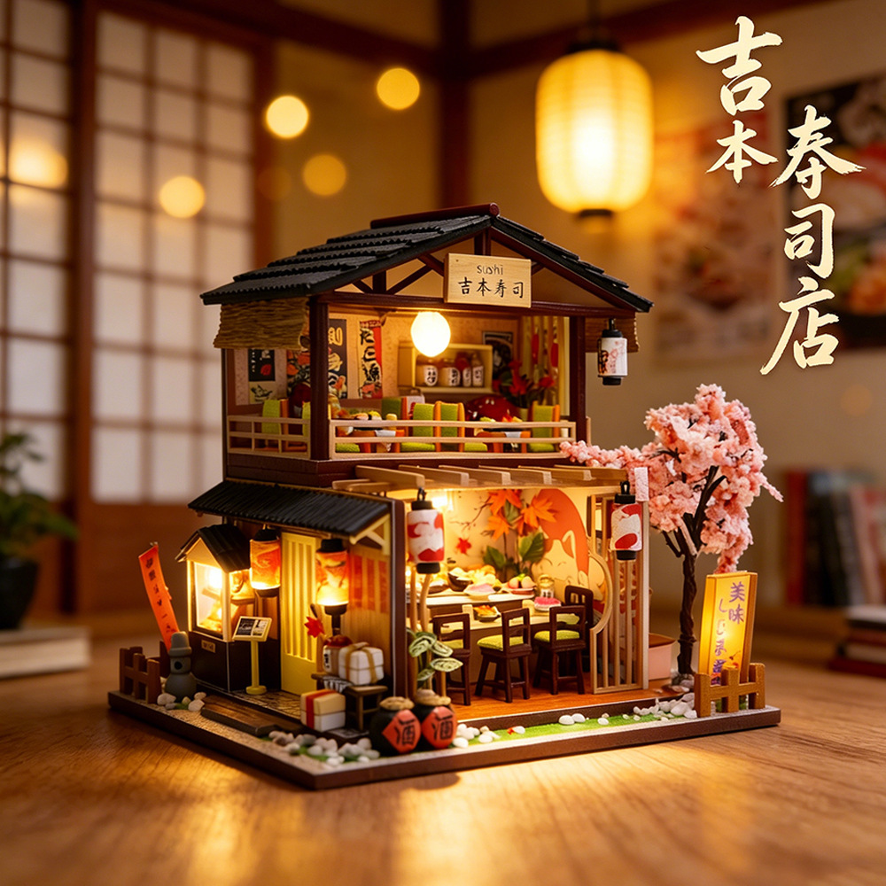 Hongda Gibbon Sushi Shop DIY miniature house kit with warm LED lighting and cozy Japanese sushi restaurant scene