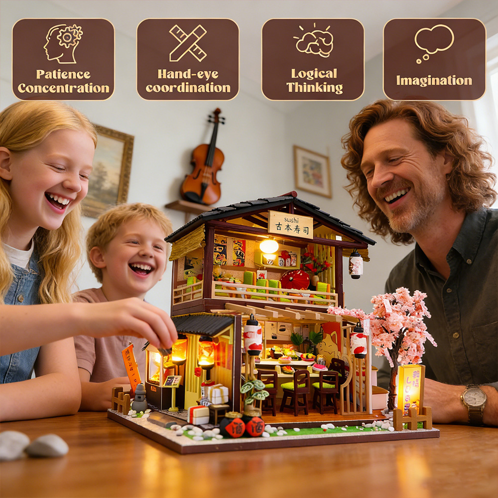 Gibbon Sushi Shop DIY miniature house kit designed for relaxing hands-on crafting and cozy decorative display use