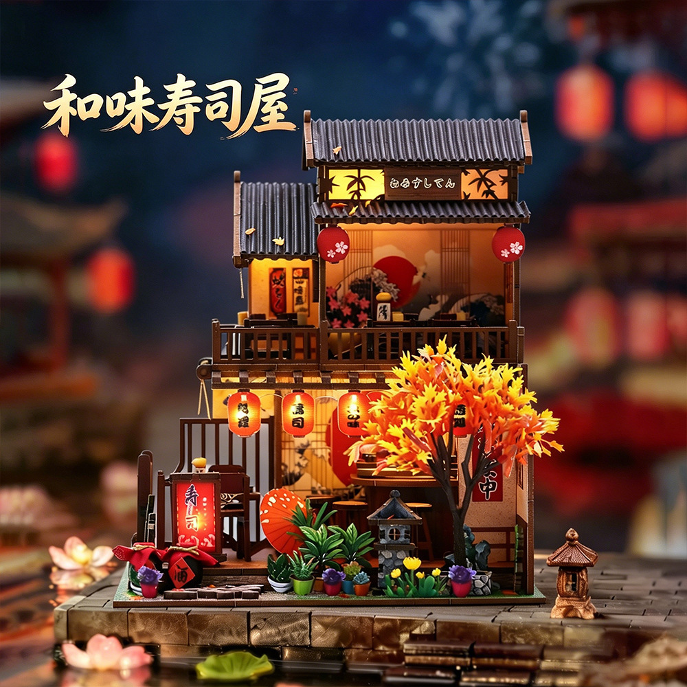 Hongda Wawei Sushi DIY miniature house kit with warm LED lighting, Japanese lanterns, and detailed sushi shop decor