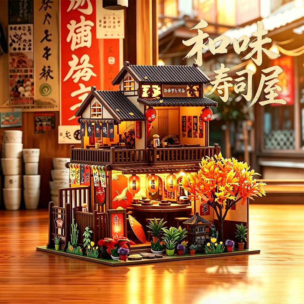 Hongda Wawei Sushi House DIY miniature kit with glowing lanterns, Japanese restaurant details, and warm ambient lighting