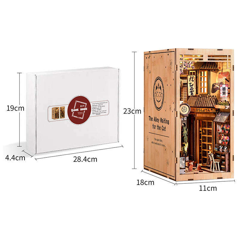 Compact Japanese alley DIY book nook with assembled size display, warm lighting, wooden construction, and decorative bookshelf presentation